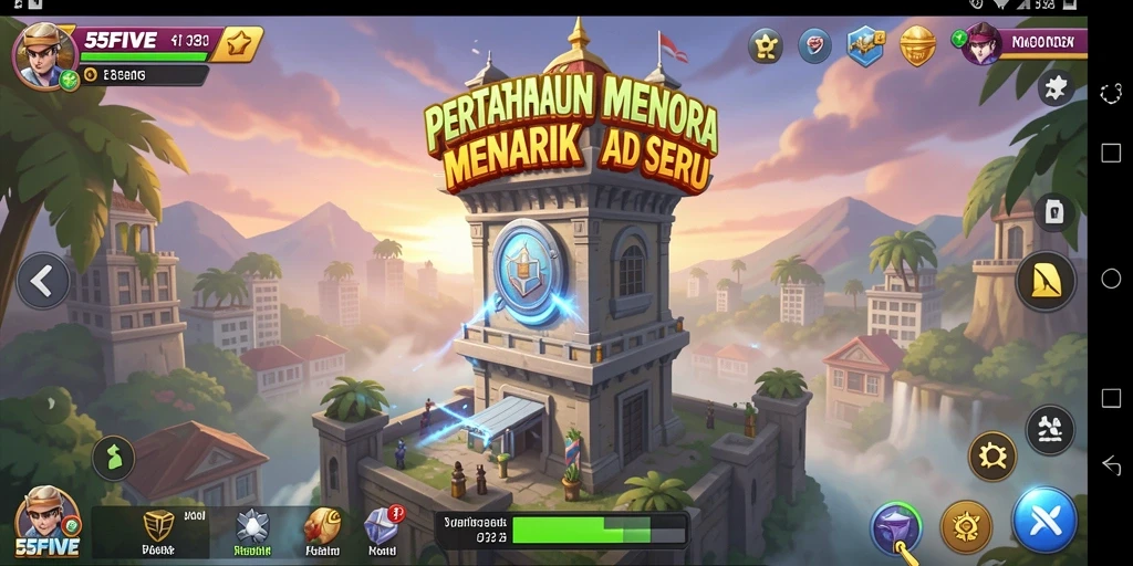 Screenshot gameplay 55FIVE menampilkan aksi Tower Defense yang mendebarkan.