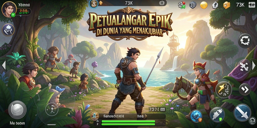 Screenshot dari gameplay <strong>73K</strong> menunjukkan aksi mendebarkan dalam suasana petualangan.