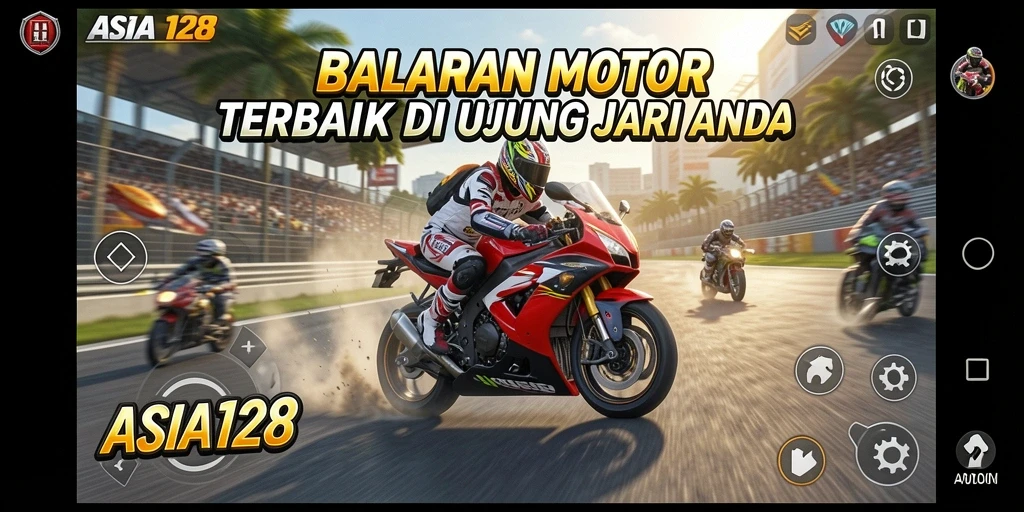 Tampilan gameplay menegangkan di ASIA128 dengan motor balap yang cepat dan trek yang menantang.