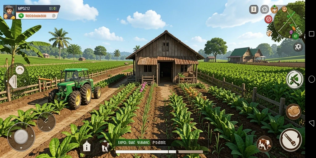 Tampilan gameplay MPO2121 dengan ladang yang subur dan hewan ternak.